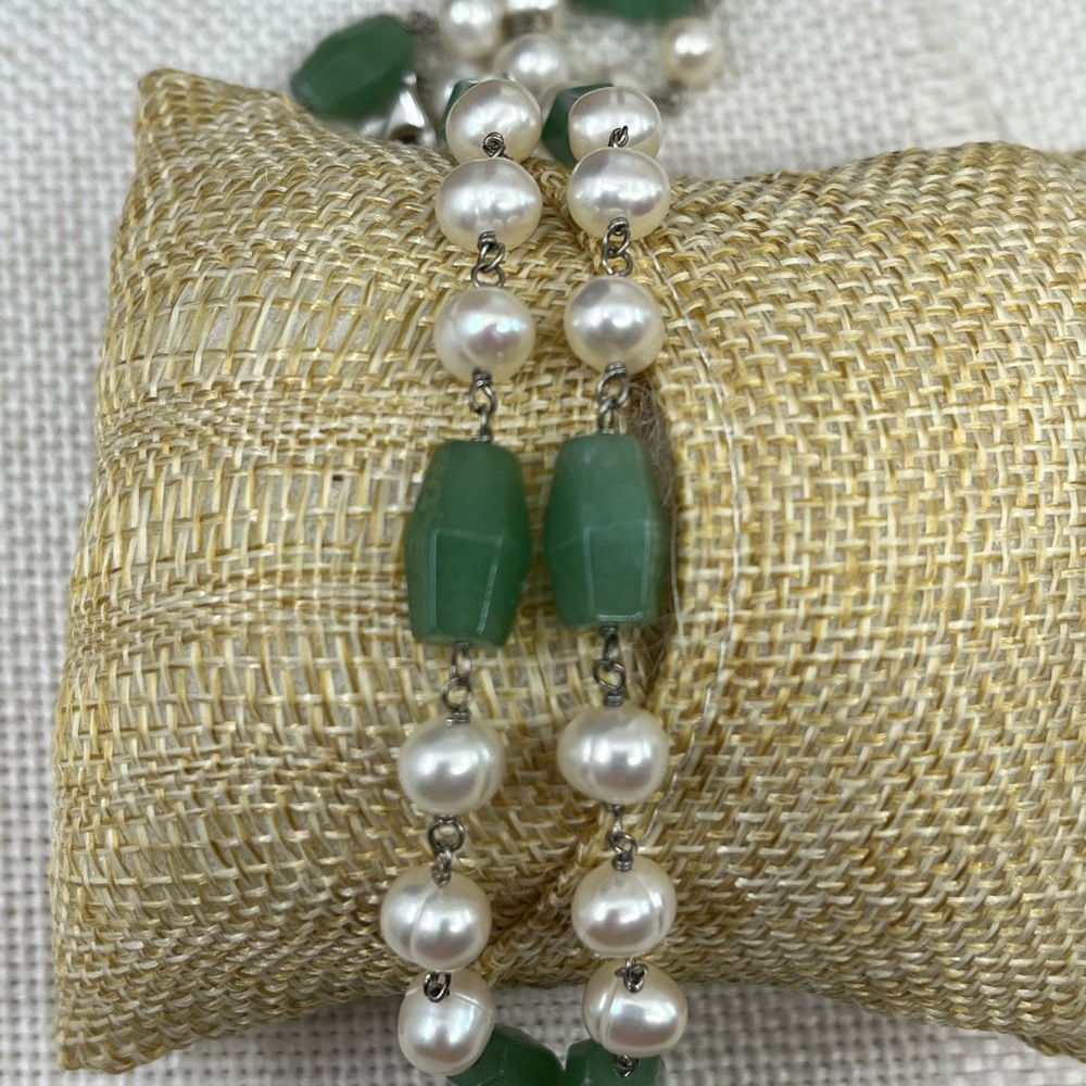 Vintage Green Jade Nephrite & Pearl Sterling Silver Necklace 925 Estate 16" - Picture 11 of 17